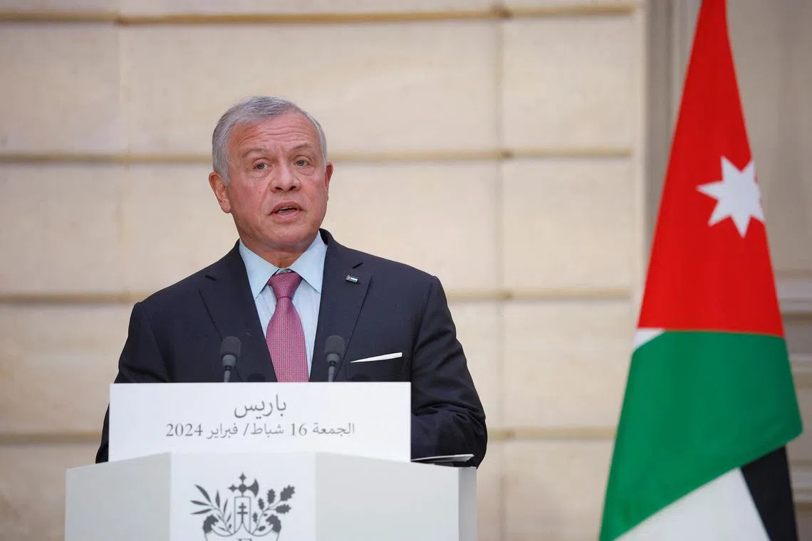 King of Jordan Abdullah II speaks while making a joint statement with French President Emmanuel Macron at the Elysee Palace in Paris, France, 16 February 2024.   YOAN VALAT/Pool via REUTERS/File Photo