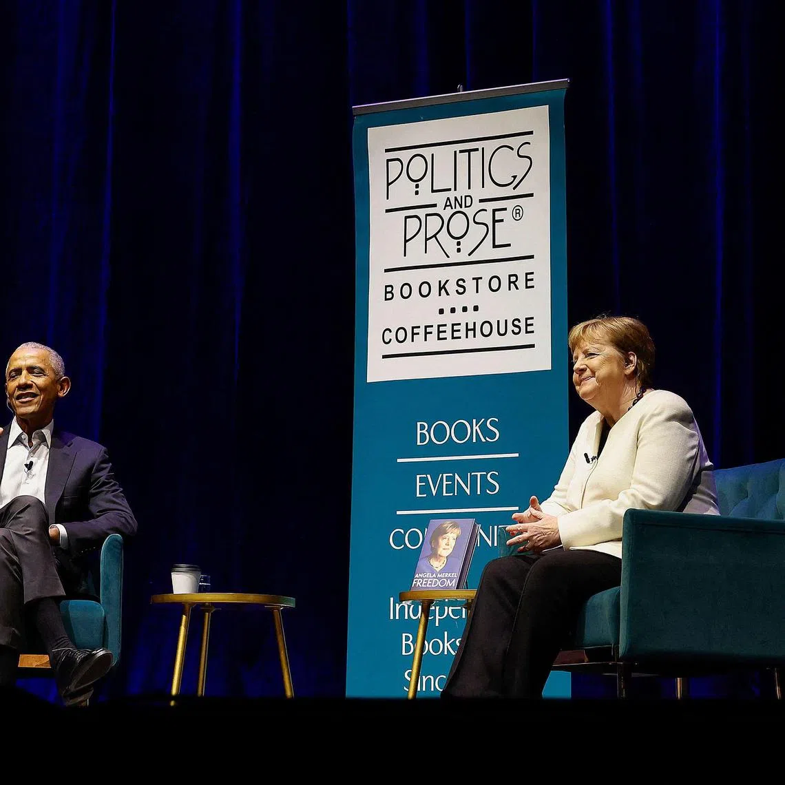 Mr Obama (lefy) and Dr Merkel (right) discussed her memoir "Freedom" as well as world politics and the history the two former leaders have witnessed.    