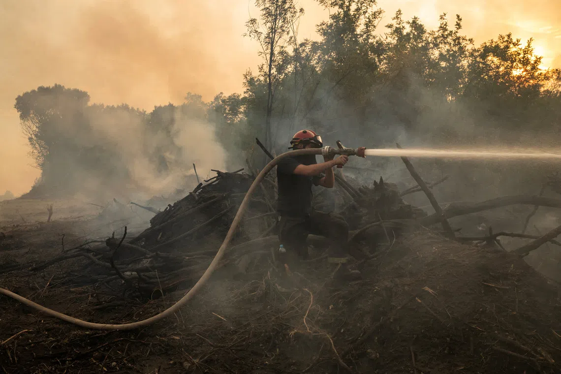 A firefighter battles a wildfire in Deliblatska Pescara, Serbia, August 18, 2026. REUTERS/Marko Djurica     TPX IMAGES OF THE DAY