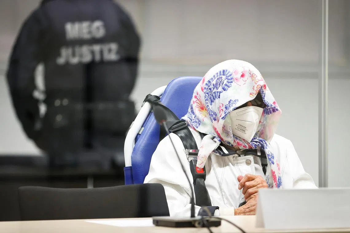 FILE PHOTO: Irmgard Furchner, a 96-year-old former secretary to the SS commander of the Stutthof concentration camp, is pictured at the beginning of her trial in a courtroom, in Itzehoe, Germany, October 19, 2021. Christian Charisius/Pool via REUTERS/File Photo