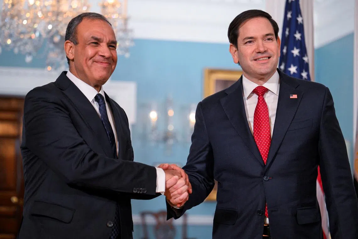 U.S. Secretary of State Marco Rubio shakes hands with Egyptian Foreign Minister Badr Abdelatty at the State Department in Washington, U.S., February 10, 2025. REUTERS/Craig Hudson