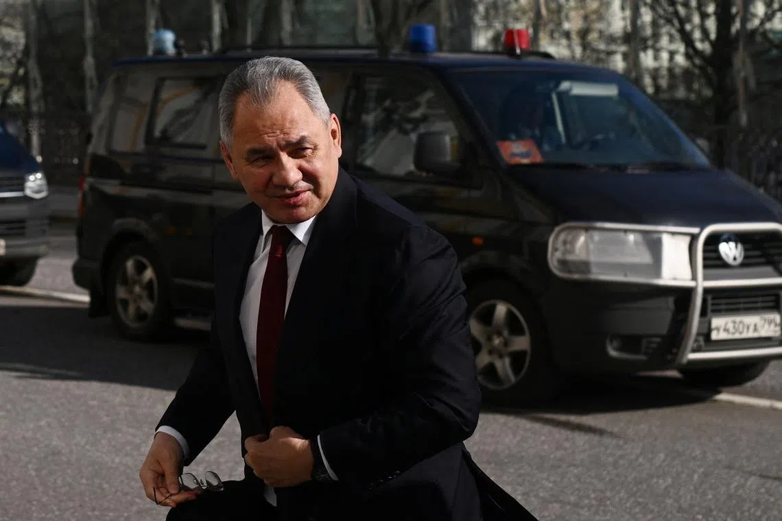 FILE PHOTO: Russian Defence Minister Sergei Shoigu arrives at the Kremlin before a meeting of Russian President Vladimir Putin and Chinese President Xi Jinping in Moscow, Russia March 21, 2023. Sputnik/Vladimir Astapkovich/Kremlin via REUTERS/File Photo