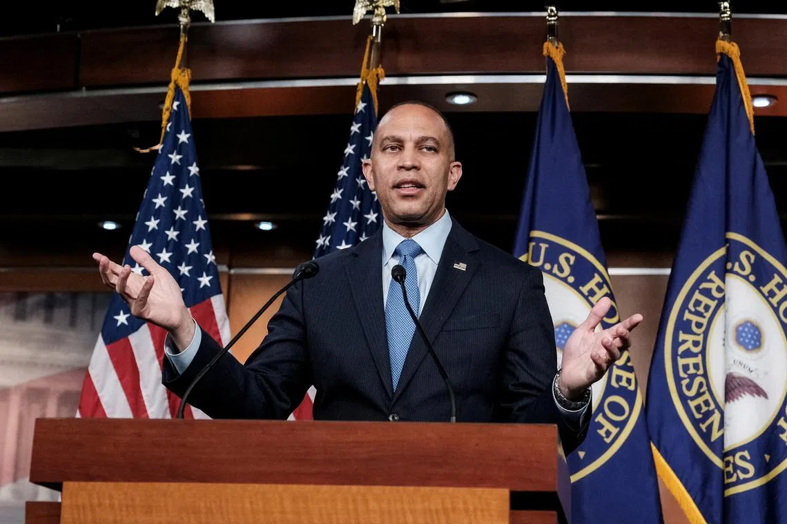 FILE PHOTO: U.S. House of Representatives Democratic Leader Hakeem Jeffries (D-NY) gives his weekly press conference at the U.S. Capitol building in Washington, U.S., April 11, 2024. REUTERS/Michael A. McCoy/File Photo