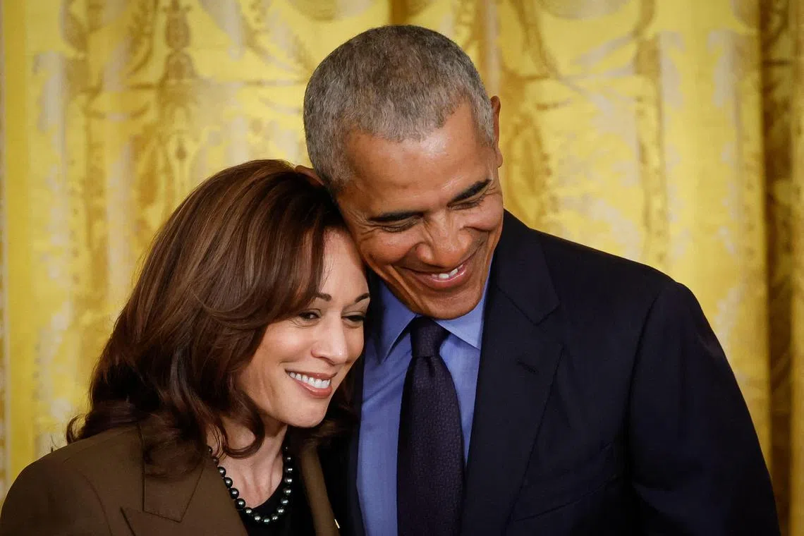 Former President Barack Obama hugs Vice President Kamala Harris during an event to mark the 2010 passage of the Affordable Care Act in the East Room of the White House on April 5, 2022 in Washington, DC. President Obama and former First Lady Michelle Obama endorsed Harris' bid for the White House on July 26, 2024, delivering a major boost to her campaign to defeat Donald Trump in November's presidential election. (Photo by CHIP SOMODEVILLA / GETTY IMAGES NORTH AMERICA / AFP)