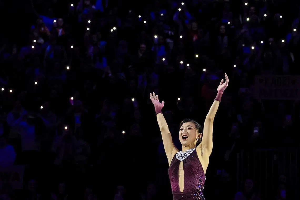 Kaori Sakamoto of Japan celebrates after winning gold medal in the Women's Free Skating at the ISU Figure Skating World Championships 2026 in Prague, Czech Republic.