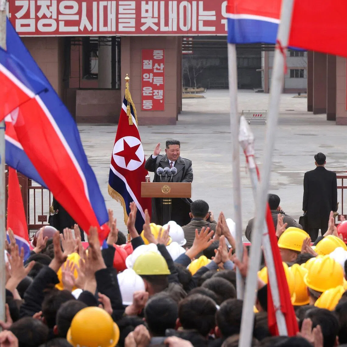 North Korean leader Kim Jong Un delivers a speech during his visit to the Sangwon Cement Complex in North Hwanghae province of North Korea on March 1.