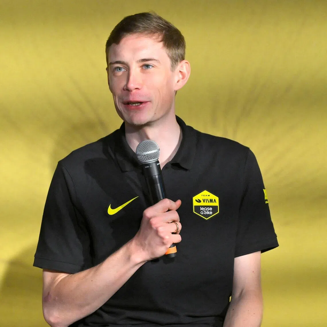 Visma-Lease a bike's Danish rider Jonas Vingegaard speaks at a press conference during the presentation of the Visma-Lease a Bike cycling team at La Nucia.