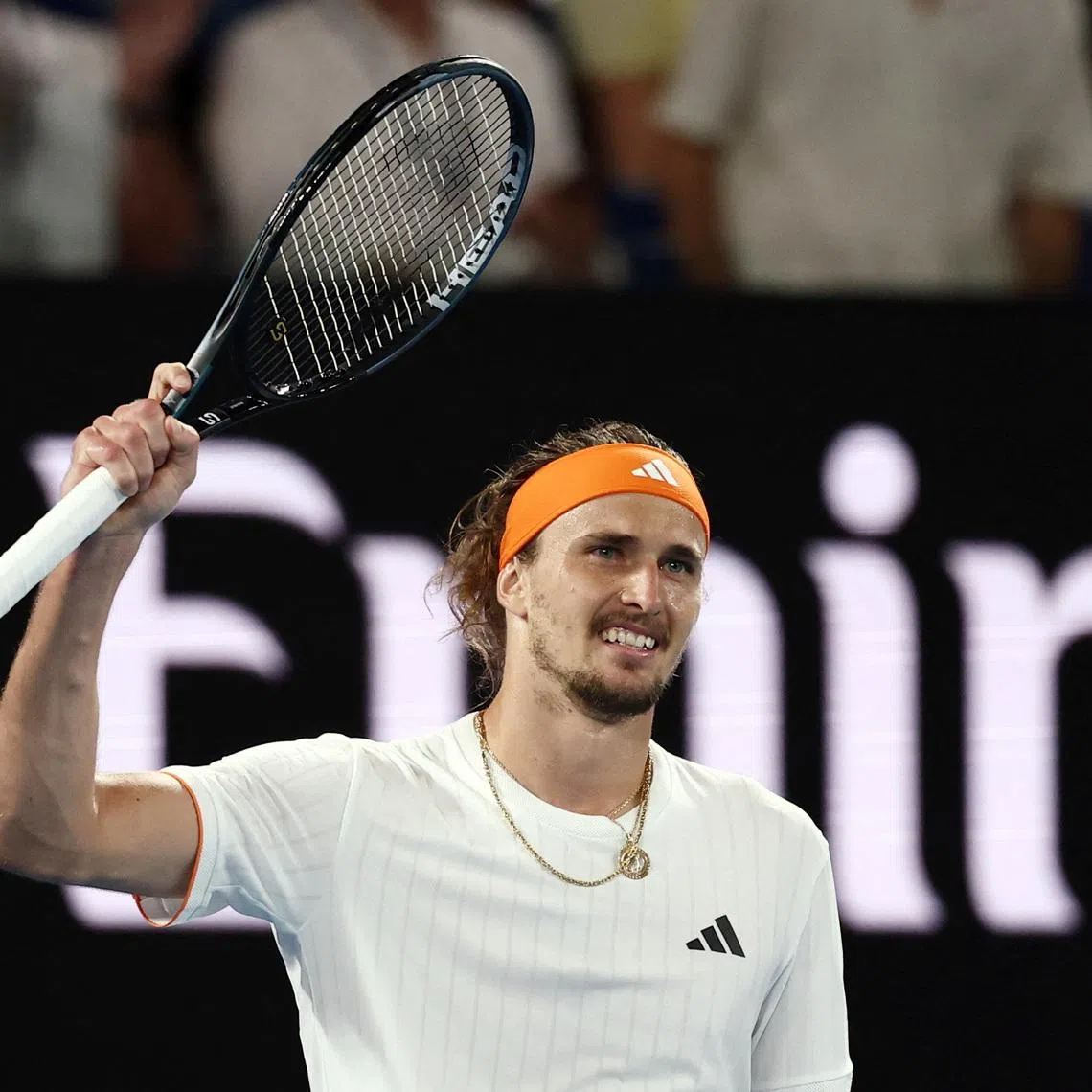 Tennis - Australian Open - Melbourne Park, Melbourne, Australia - January 27, 2026 Germany's Alexander Zverev celebrates after winning his quarter final match against Learner Tien of the U.S. REUTERS/Tingshu Wang