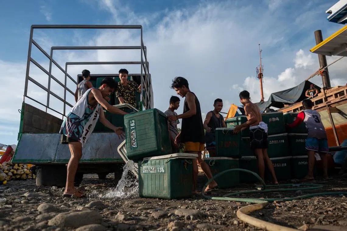 Workers unload fishing coolers at a port in Masinloc, Zambales province, Philippines, September 26, 2023. REUTERS/Lisa Marie David
