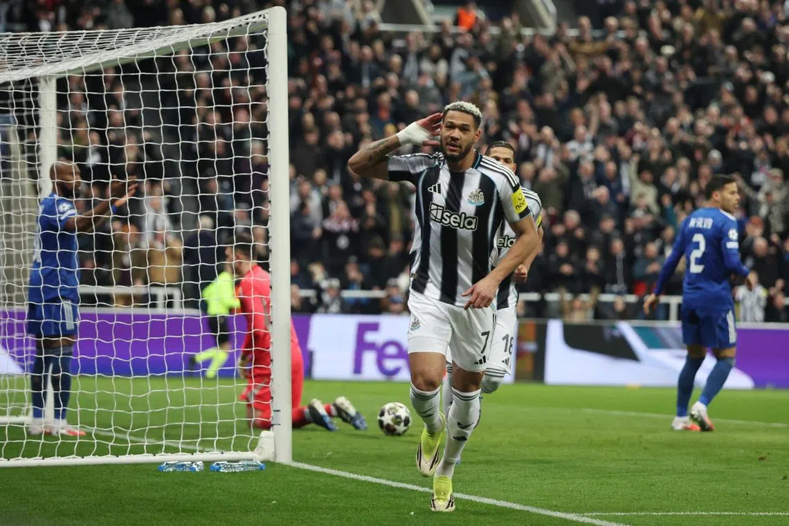 Soccer Football - UEFA Champions League - Play Off - Second Leg - Newcastle United v Qarabag - St James' Park, Newcastle, Britain - February 24, 2026  Newcastle United's Joelinton celebrates scoring their second goal REUTERS/Scott Heppell