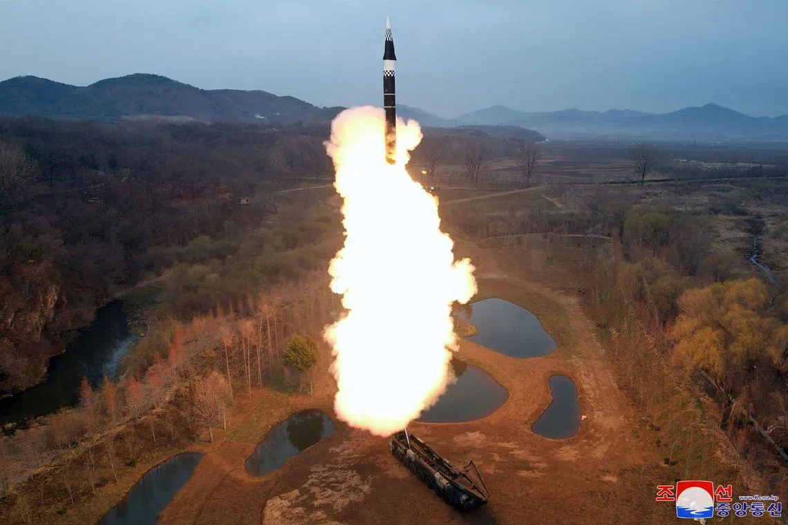 This picture taken on April 2, 2024 shows the first test-fire of Hwasongpho-16B, a new-type intermediate-range solid-fueled ballistic missile.