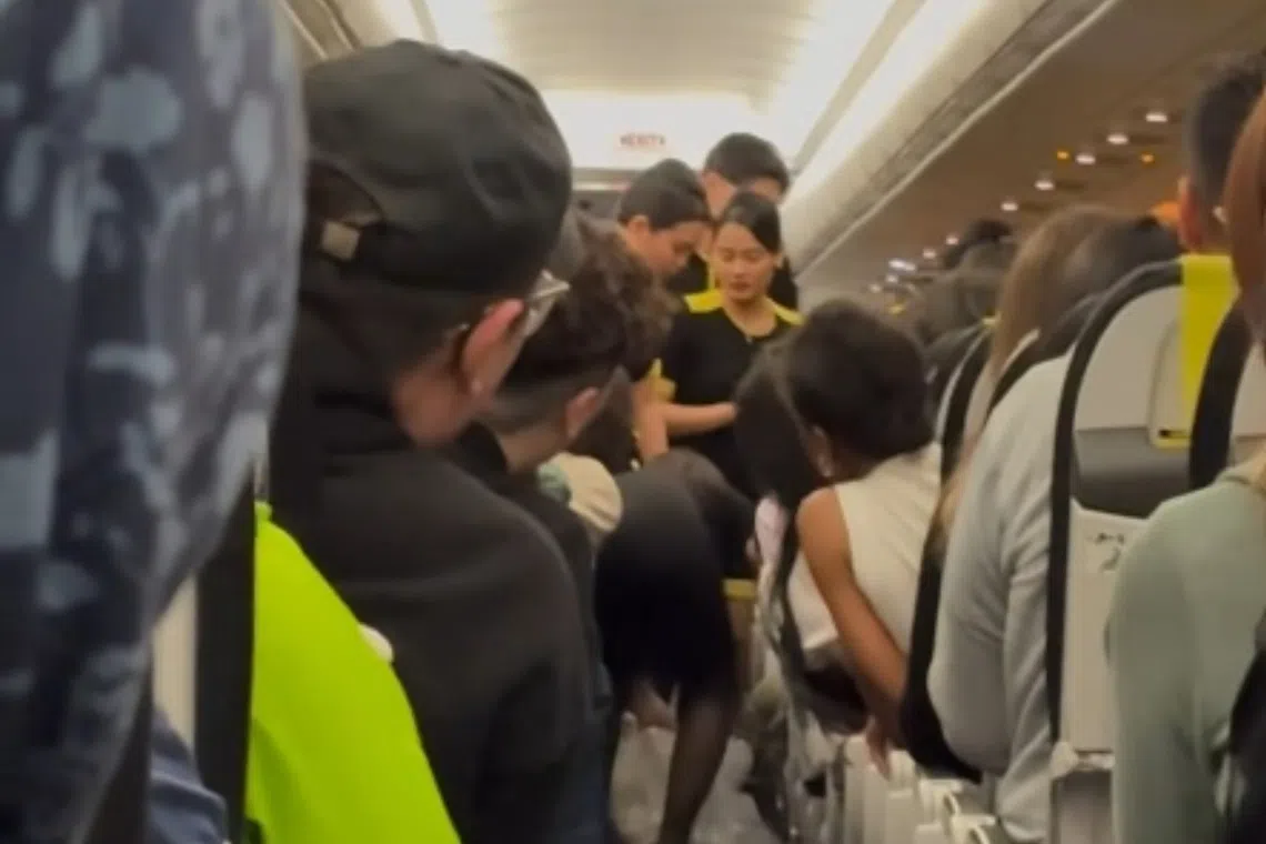 A video posted on Xiaohongshu shows a few flight attendants surrounding a item on the cabin floor as passengers looked on.