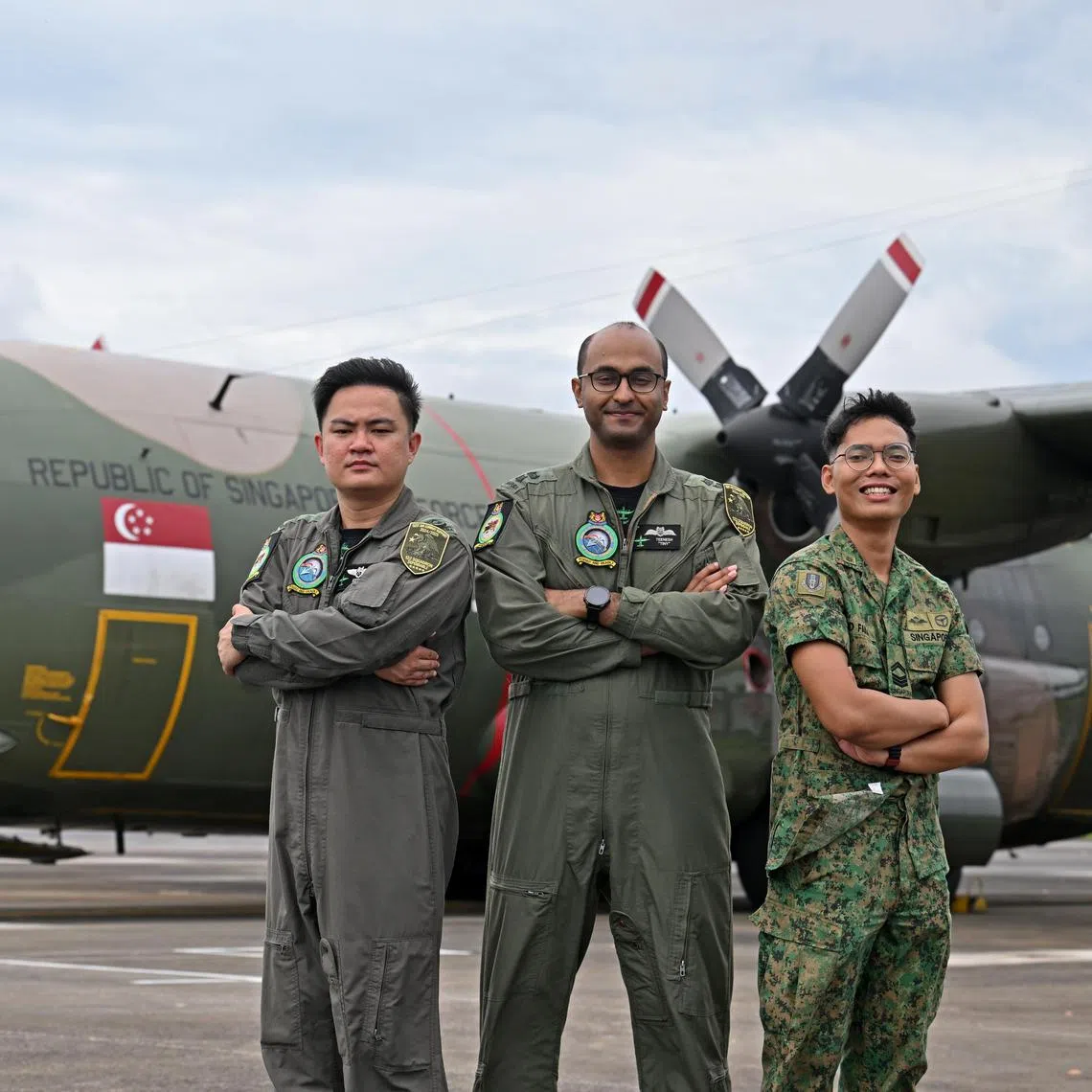(From left) 3rd Warrant Officer Keith Ho Kee Hao, Lieutenant Colonel C. Teeneshwaran and 1 Sergeant Muhammad Faisal Sharudin were involved in the airdrop mission.