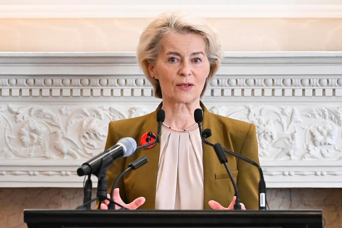 European Commission president Ursula von der Leyen delivering a keynote speech at an EU-Canada Summit in Montreal, Canada, on Oct 29.