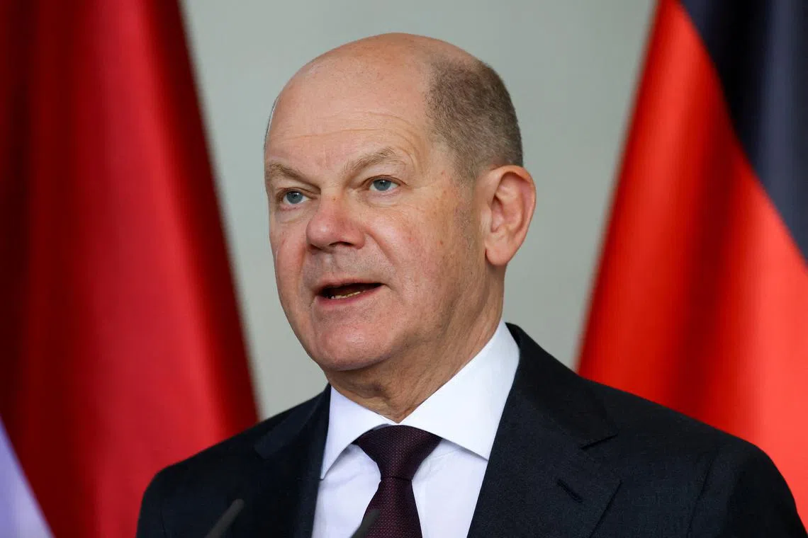 FILE PHOTO: German Chancellor Olaf Scholz speaks during a press conference with Latvian Prime Minister Evika Silina, in Berlin, Germany, March 27, 2024. REUTERS/Nadja Wohlleben/File Photo