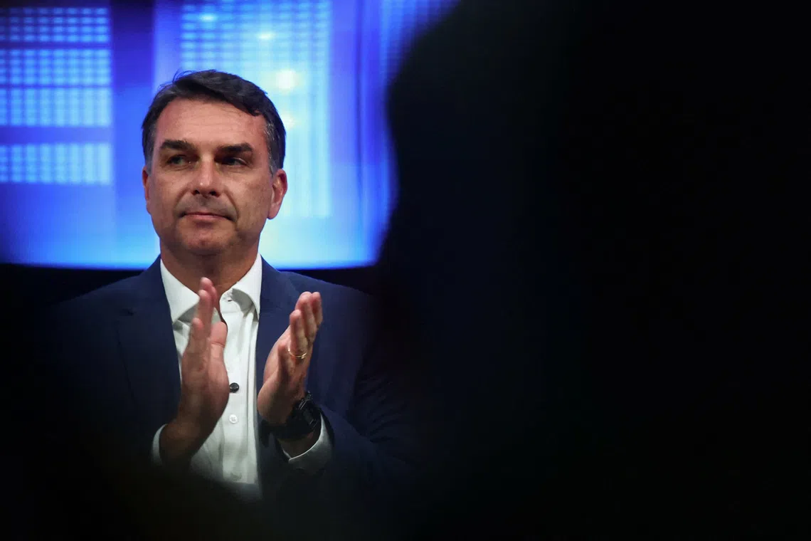 Brazilian presidential candidate Flavio Bolsonaro speaks at the Great Associativism Meeting in Sao Paulo, Brazil, October 13, 2026. REUTERS/Jean Carniel