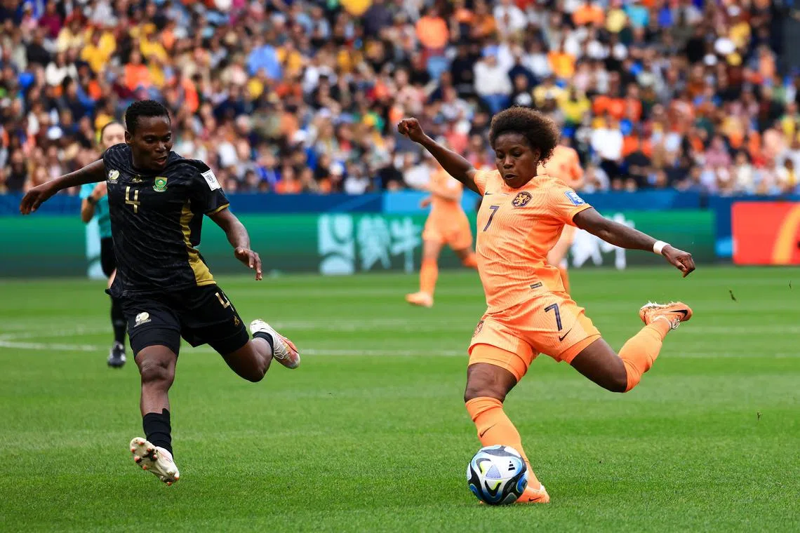 Lineth Beerensteyn scoring the Netherlands' second goal in their 2-0 Women's World Cup last-16  win over South Africa at Sydney Football Stadium on Aug 6, 2023.