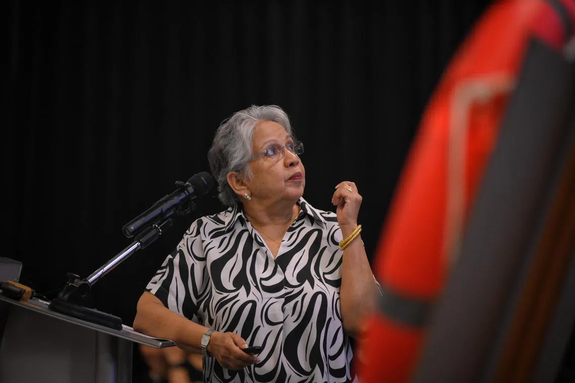 Bharoti Pande, a lady whose 37-year-old daughter died in a drowning incident in Bali, sharing her story at the Sport Singapore Auditorium on Jan 25, 2024.