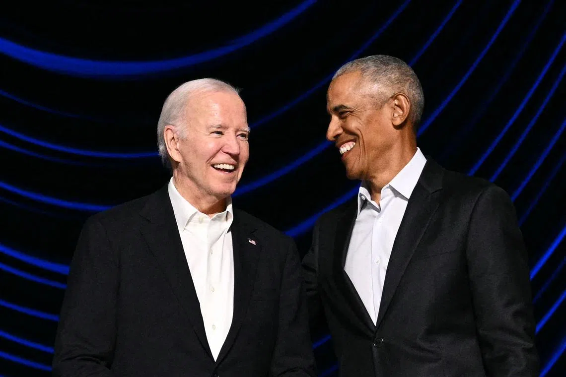 US President Joe Biden (left) and former US president Barack Obama attending a campaign fund-raiser in Los Angeles, on June 15.