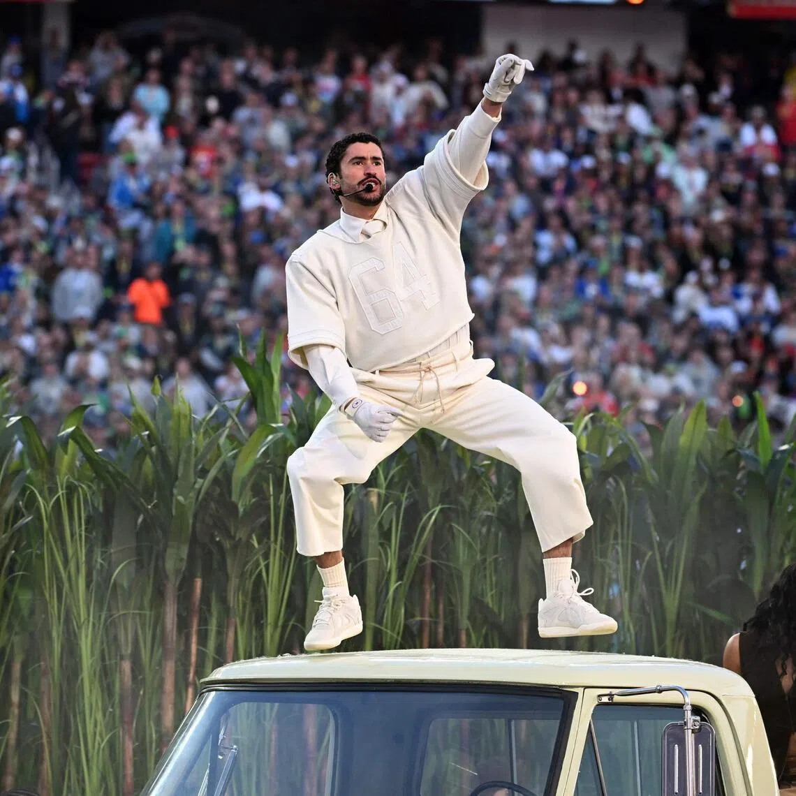 Puerto Rican singer Bad Bunny performs during Super Bowl LX Patriots vs Seahawks Apple Music Halftime Show at Levi's Stadium in Santa Clara, California on Feb 8.