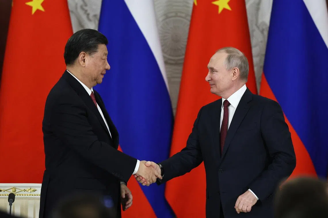 Chinese President Xi Jinping (left) and Russian President Vladimir Putin during the signing ceremony of documents at the Moscow Kremlin, Russia, on March 21, 2023.
