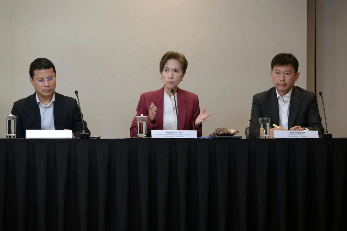 (From left) National Development Minister Desmond Lee, Digital Development and Information Minister Josephine Teo and Transport Minister Chee Hong Tat at a press conference on April 16.