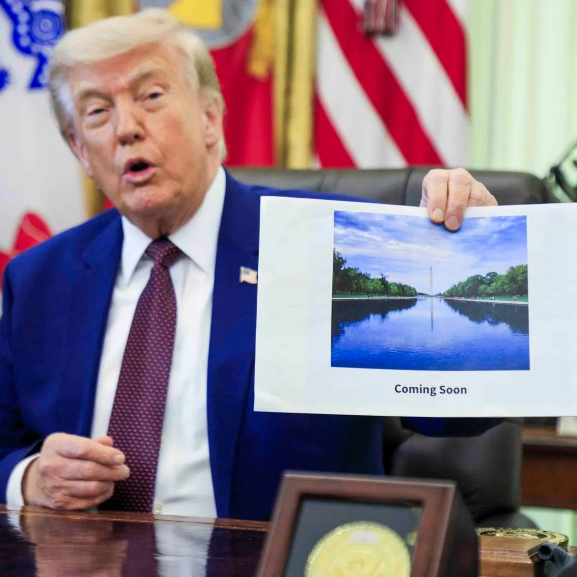 US President Donald J. Trump announces the completion of renovation work on the Lincoln Memorial Reflecting Pool from the Oval Office on June 3.