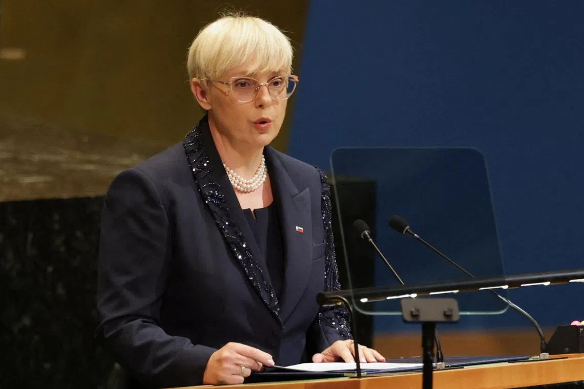 Slovenian President Natasa Pirc Musar speaks during the 80th United Nations General Assembly, in New York City, New York, U.S., September 23, 2025. REUTERS/Jeenah Moon