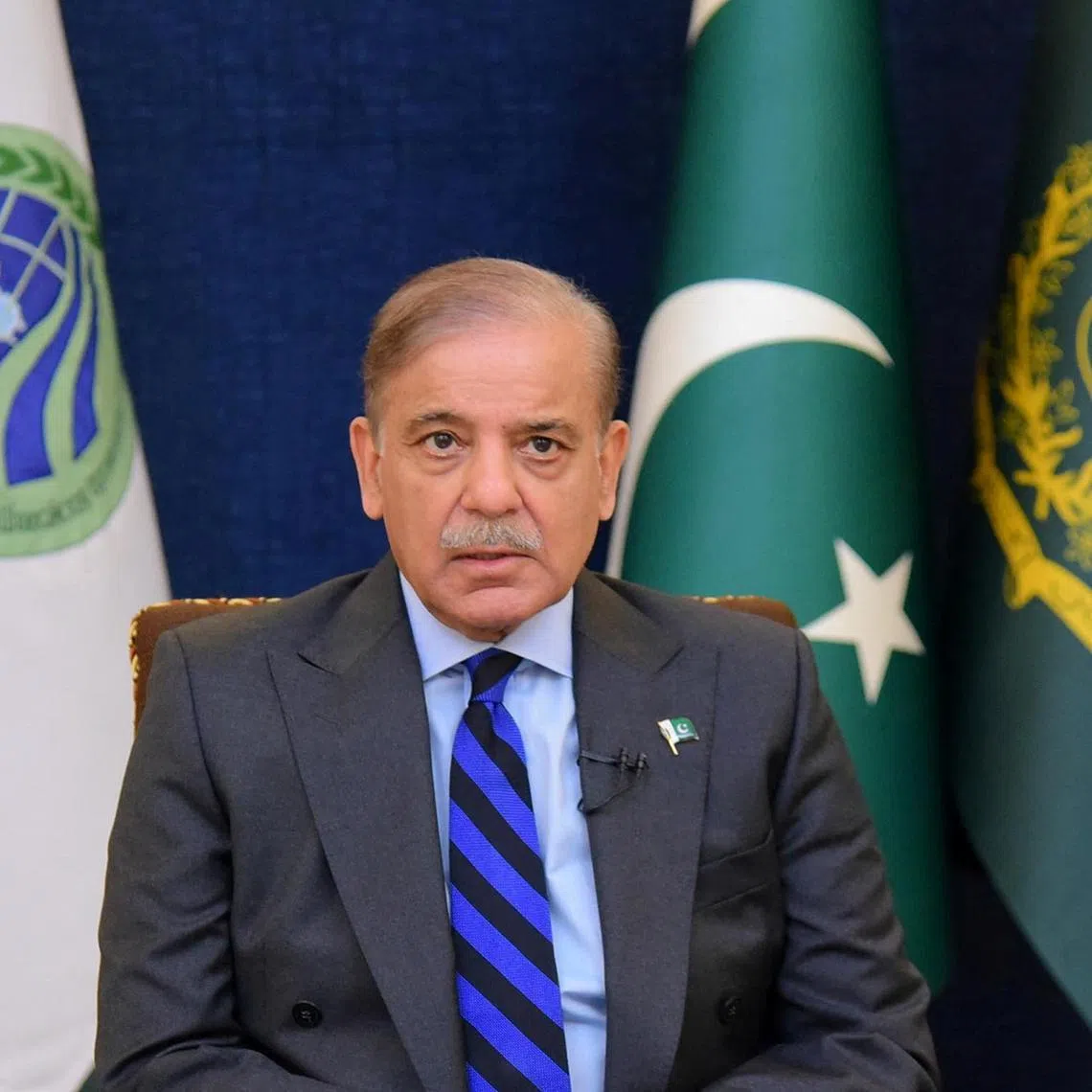 FILE PHOTO: Pakistan's Prime Minister Shehbaz Sharif, addresses the 23rd Shanghai Cooperation Organization (SCO) Summit, hosted virtually by India, in Islamabad, Pakistan July 4, 2023. Press Information Department (PID)/Handout via REUTERS/File Photo