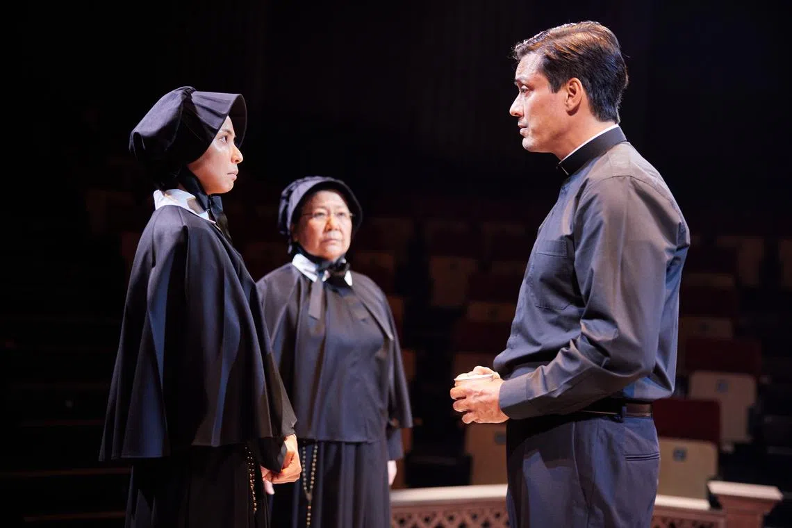(From left) Ching Shu Yi, Neo Swee Lin and Jason Godfrey star in Pangdemonium's Doubt: A Parable, which shows at the Singtel Waterfront Theatre till June 18. 