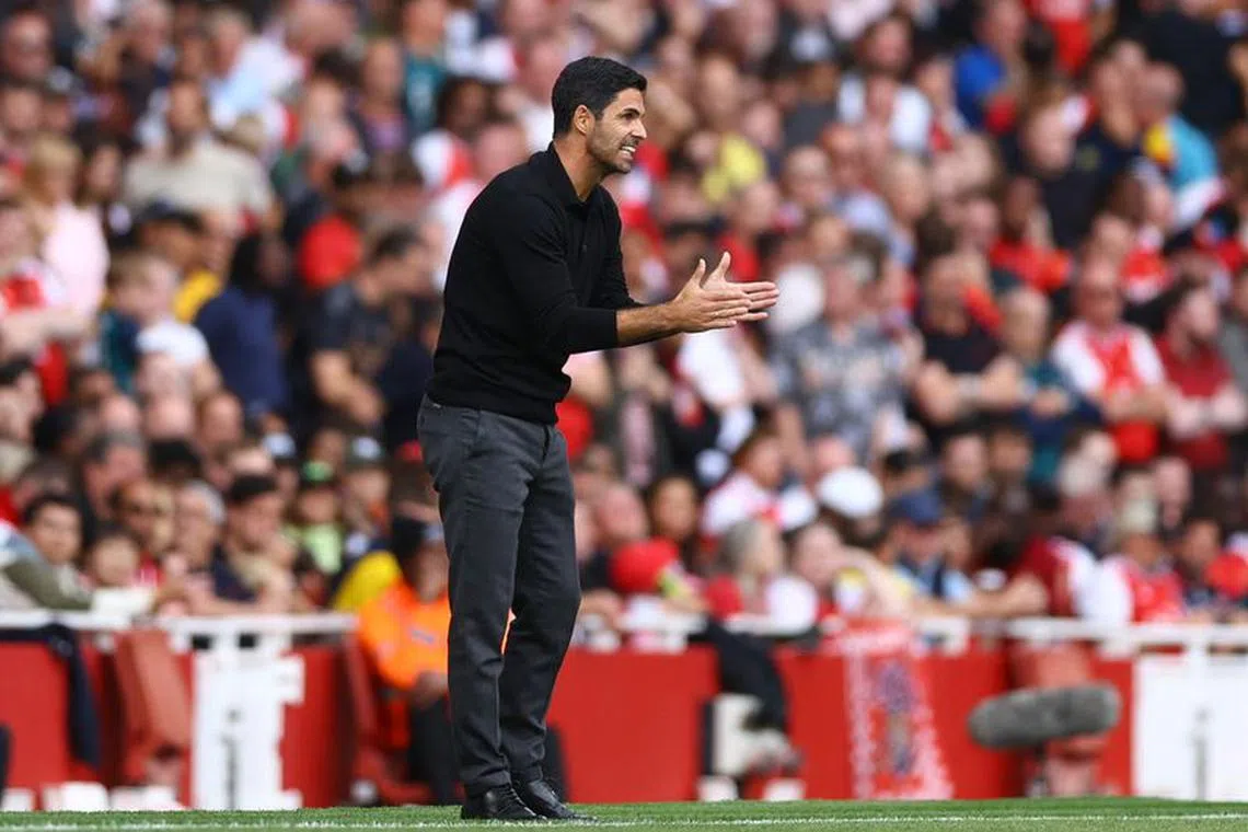 Soccer Football - Premier League - Arsenal v Fulham - Emirates Stadium, London, Britain - August 26, 2023 Arsenal manager Mikel Arteta reacts Action Images via Reuters/Matthew Childs