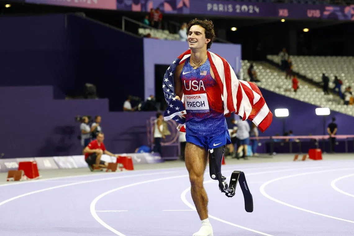 Ezra Frech of United States celebrates after winning gold in the T63 high-jump event at the Paris Paralympics.