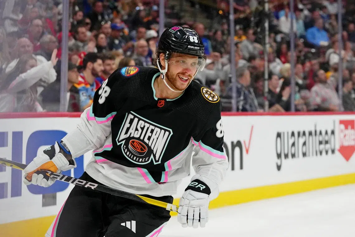 Feb 4, 2023; Sunrise, Florida, USA; Atlantic Division forward David Pastrnak (88) of the Boston Bruins reacts after scoring a goal against the Central Division during the first period of the final during the 2023 NHL All-Star Game at FLA Live Arena. Mandatory Credit: Jasen Vinlove-USA TODAY Sports/ File Photo
