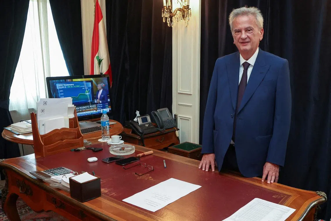 FILE PHOTO: Longtime chief of Lebanon's Central Bank Riad Salameh, poses as he leaves office after a 30-year tenure, at Lebanon's Central Bank building in Beirut, Lebanon July 31, 2023. REUTERS/Mohamed Azakir/File Photo