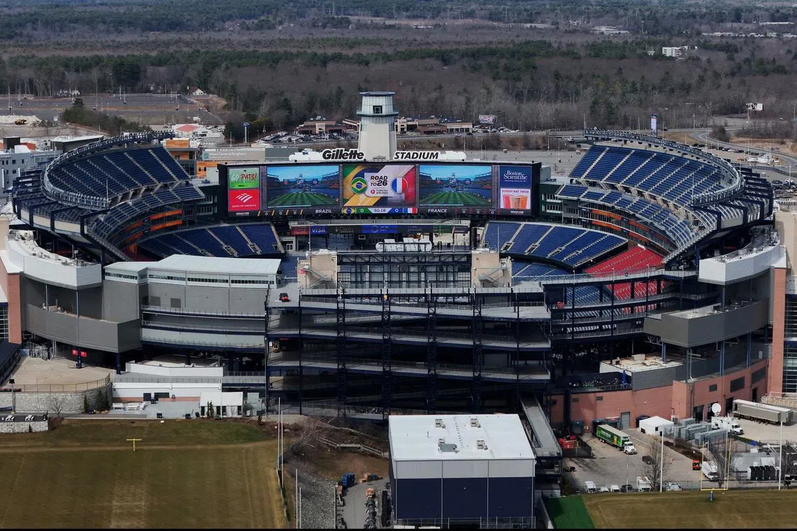 A drone view shows Gillette Stadium, which will be called Boston Stadium when it hosts games in the 2026 FIFA World Cup, in Foxborough, Massachusetts, U.S., March 25, 2026.   REUTERS/Brian Snyder