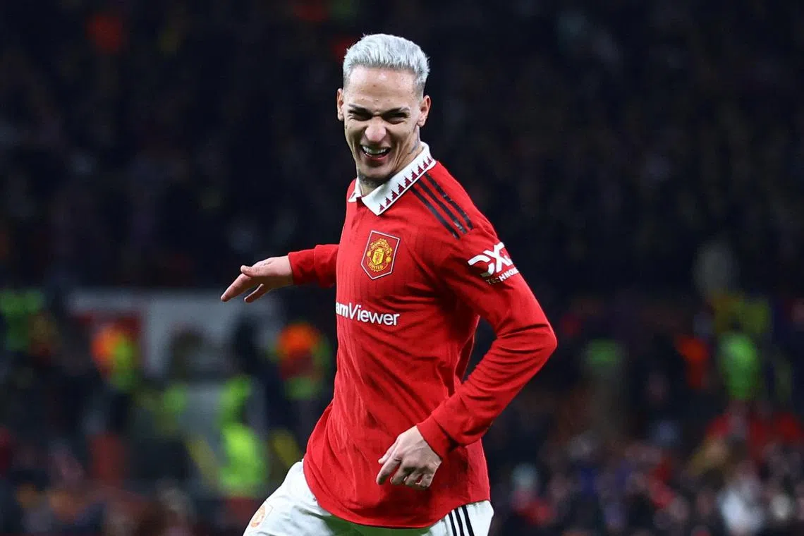 Manchester United's Antony celebrates scoring their second goal.