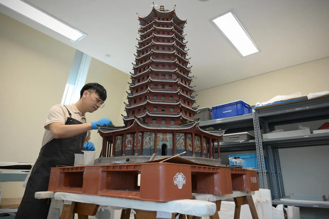 shpagoda/ST20240320_202430533671/Ng Sor Luan/EMBARGOED UNTIL MAY 1, 2024.

Behind-the-scenes footage on the conservation of model pagodas at HCC for the upcoming special exhibition Pagoda Odyssey 1915: From Shanghai to San Francisco.

Assistant conservator Leon Sim working on the pagodas.