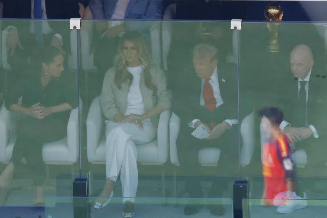 (From left) Mexico President Claudia Sheinbaum, US first lady Melania Trump, US President Donald Trump and FIFA President Gianni Infantino in the glassed-off VIP box.