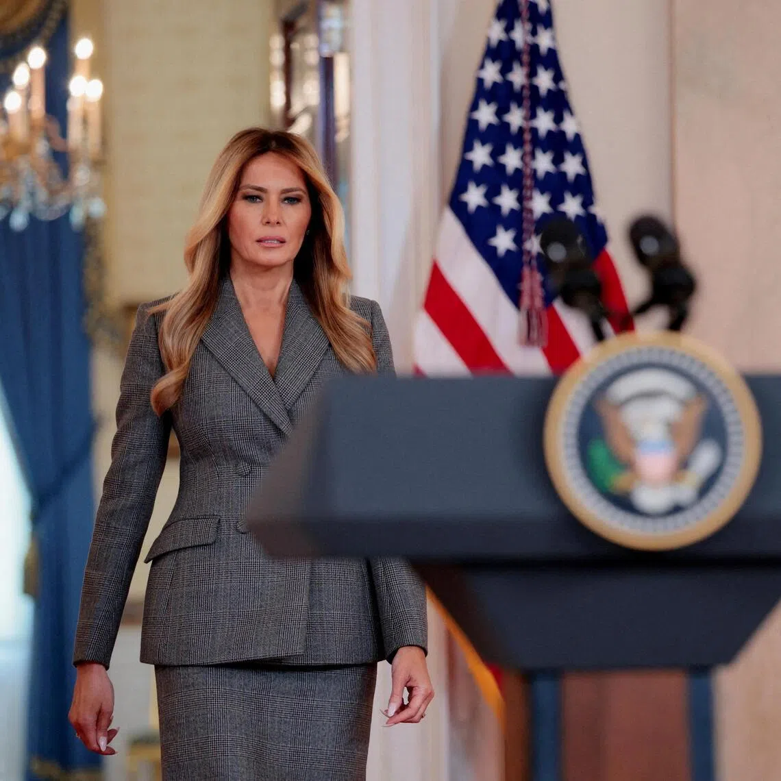 US First Lady Melania Trump arriving to deliver remarks regarding the late financier and convicted sex offender Jeffrey Epstein, at the White House on April 9.