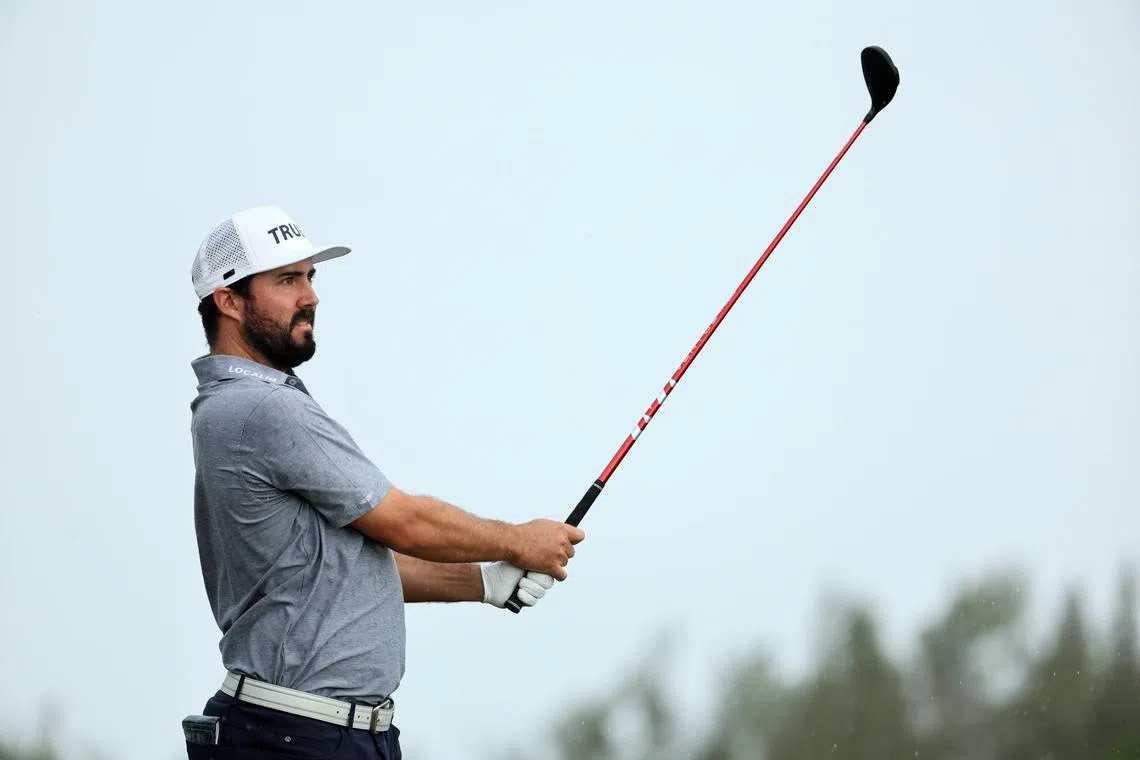 SOUTHAMPTON, BERMUDA - OCTOBER 28: Mark Hubbard of the United States plays his shot from the first tee during the second round of the Butterfield Bermuda Championship at Port Royal Golf Course on October 28, 2022 in Southampton, Bermuda.   Andy Lyons/Getty Images/AFP
