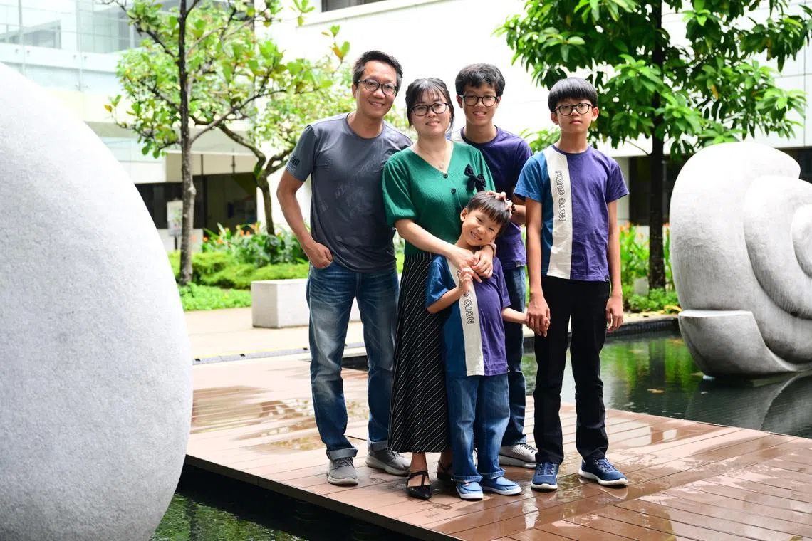 (From left) Mr Tan Chee Seong, 44, food and beverage senior captain, Ms Lem Sok Fang, 41, corporate secretary services provider, Marvin Tan, 6, Marcus Tan, 14, and Marvis Tan, 12. 

Ms Lem suffered a stroke in late 2023 and found out she had undiagnosed Patent Foramen Ovale.

ST PHOTO: AZMI ATHNI