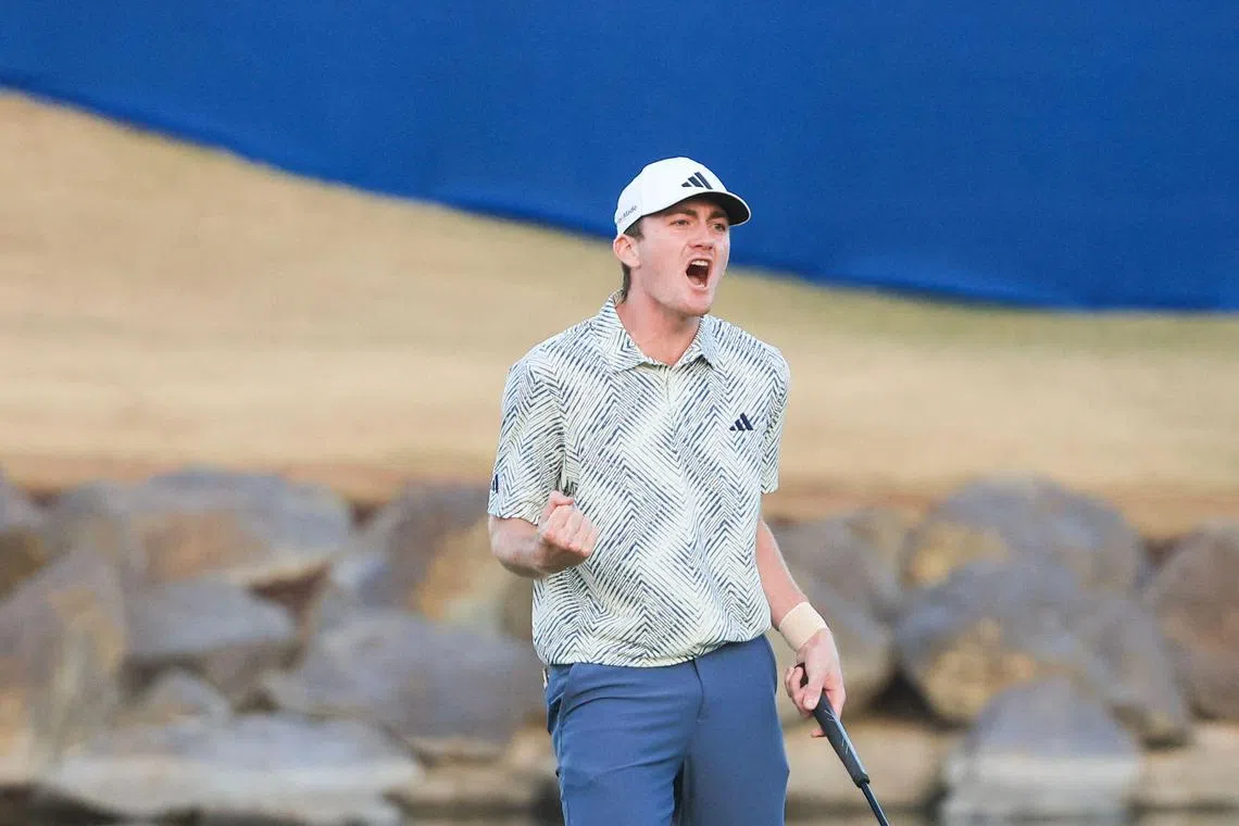 Nick Dunlap of the United States reacting to winning The American Express on the 18th green at Pete Dye Stadium Course on Jan 21 in La Quinta, California.  He is the first amateur to win a PGA Tour event since Phil Mickelson in 1991.