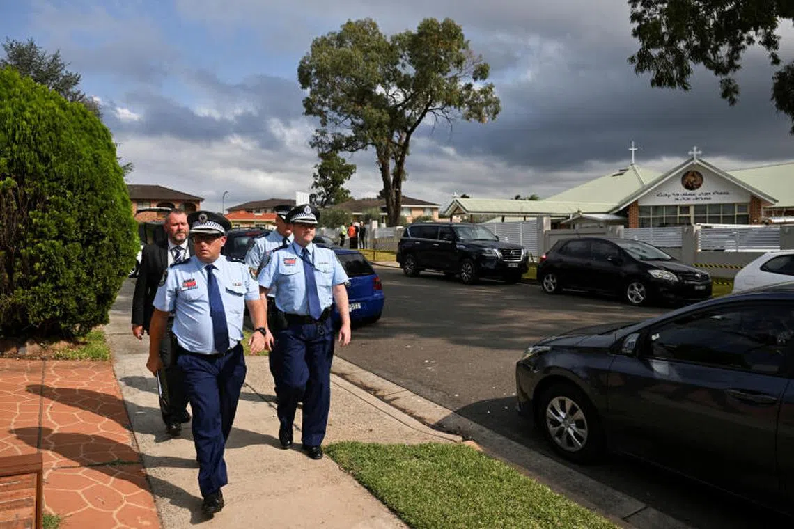 Police depart the Assyrian Christ The Good Shepherd Church on April 17, 2024. after a knife attack took place during a service in Wakeley, Sydney, Australia, on April 15, 2024 . 