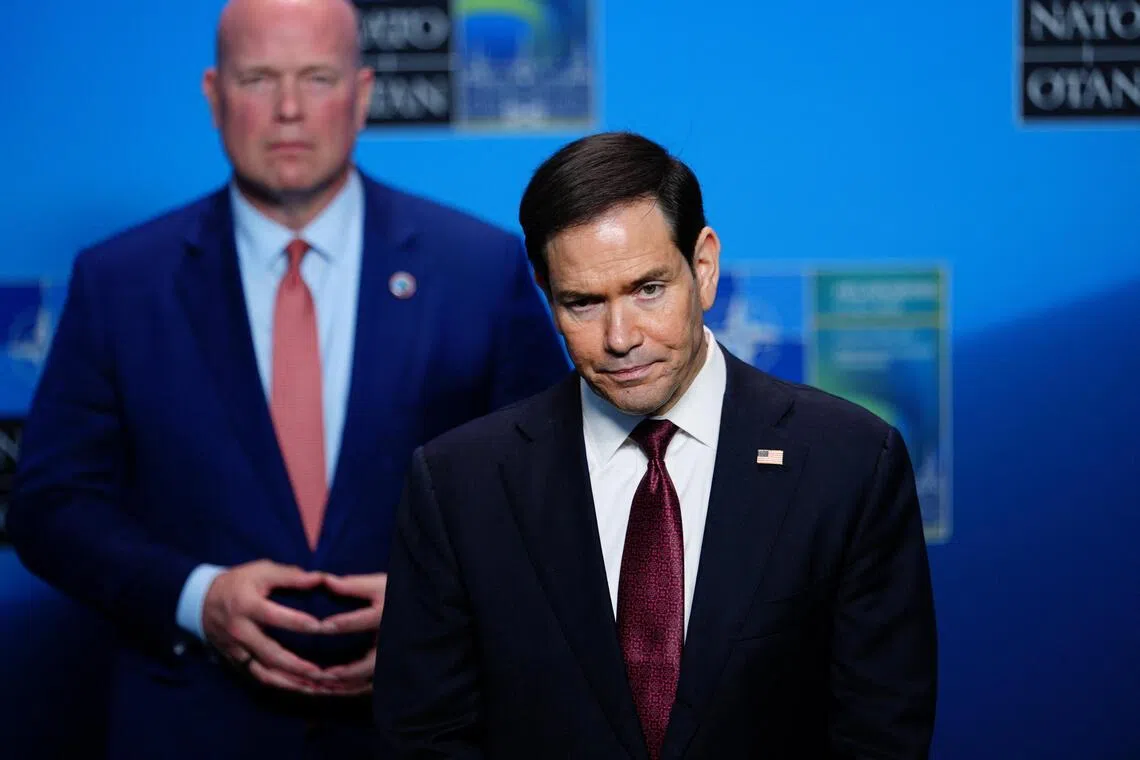 US Secretary of State Marco Rubio speaking with journalists at a meeting of NATO foreign ministers in Helsingborg, Sweden, on May 22.