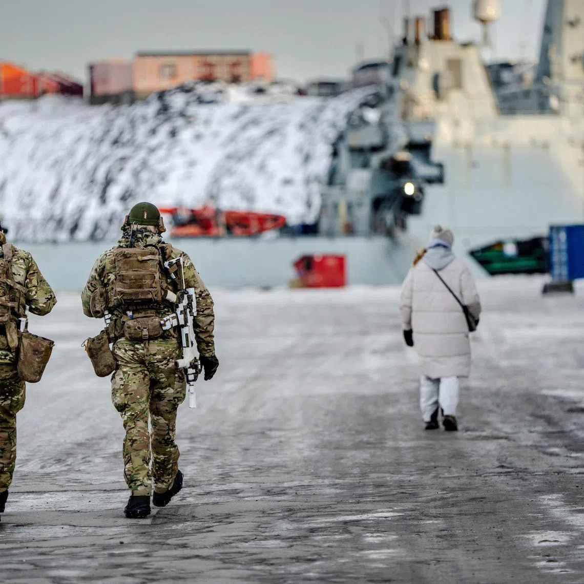 Soldiers guard the harbor in Nuuk, Greenland, January 25, 2026. Ritzau Scanpix/via REUTERS