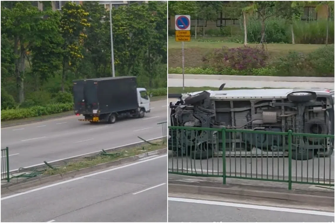 A section of the central divider was broken through, with metal railings splayed across the road.