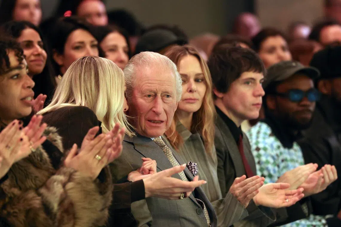 Britain's King Charles attends fashion designer Tolu Coker's AW26 catwalk show on the opening day of London Fashion Week on Feb 19.