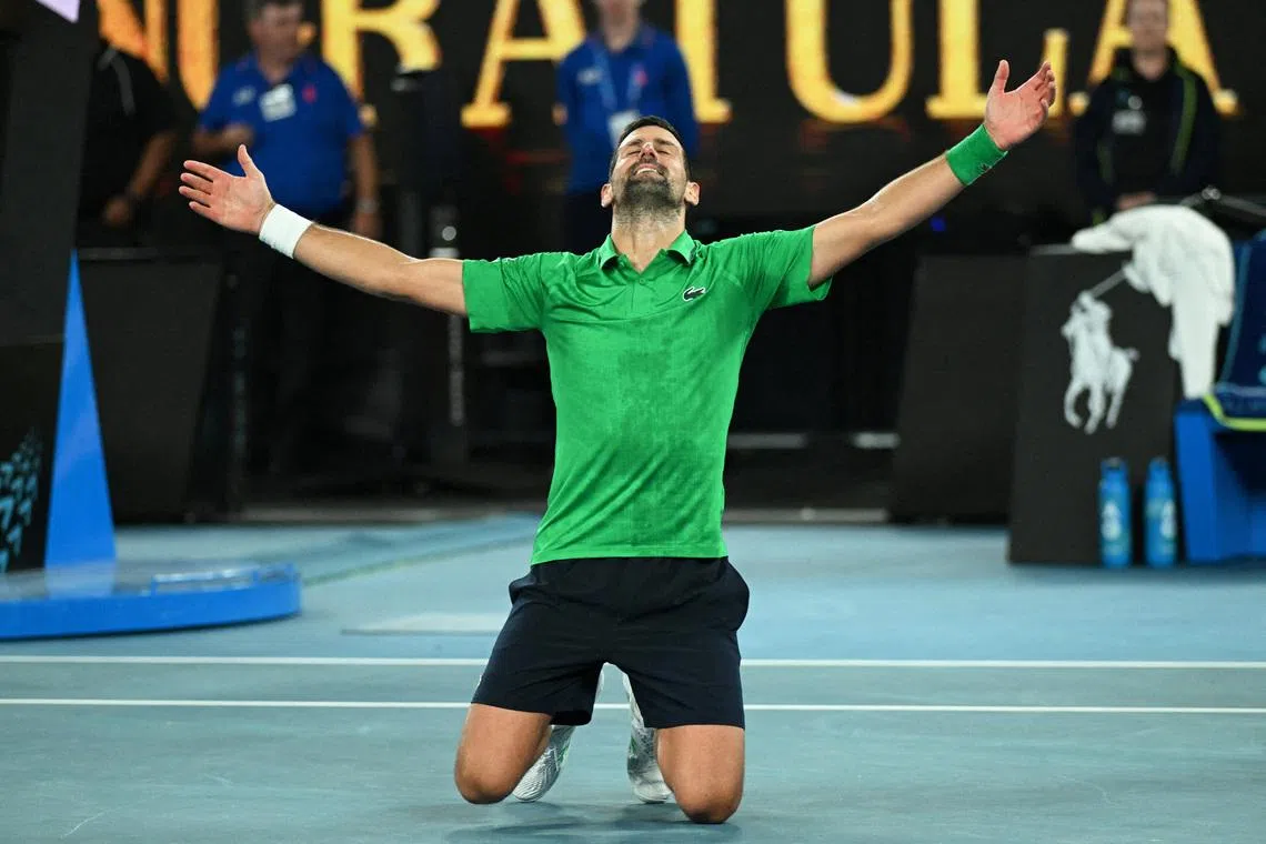Tennis - Australian Open - Melbourne Park, Melbourne, Australia - January 31, 2026 Serbia's Novak Djokovic celebrates winning his semi final match against Italy's Jannik Sinner REUTERS/Jaimi Joy