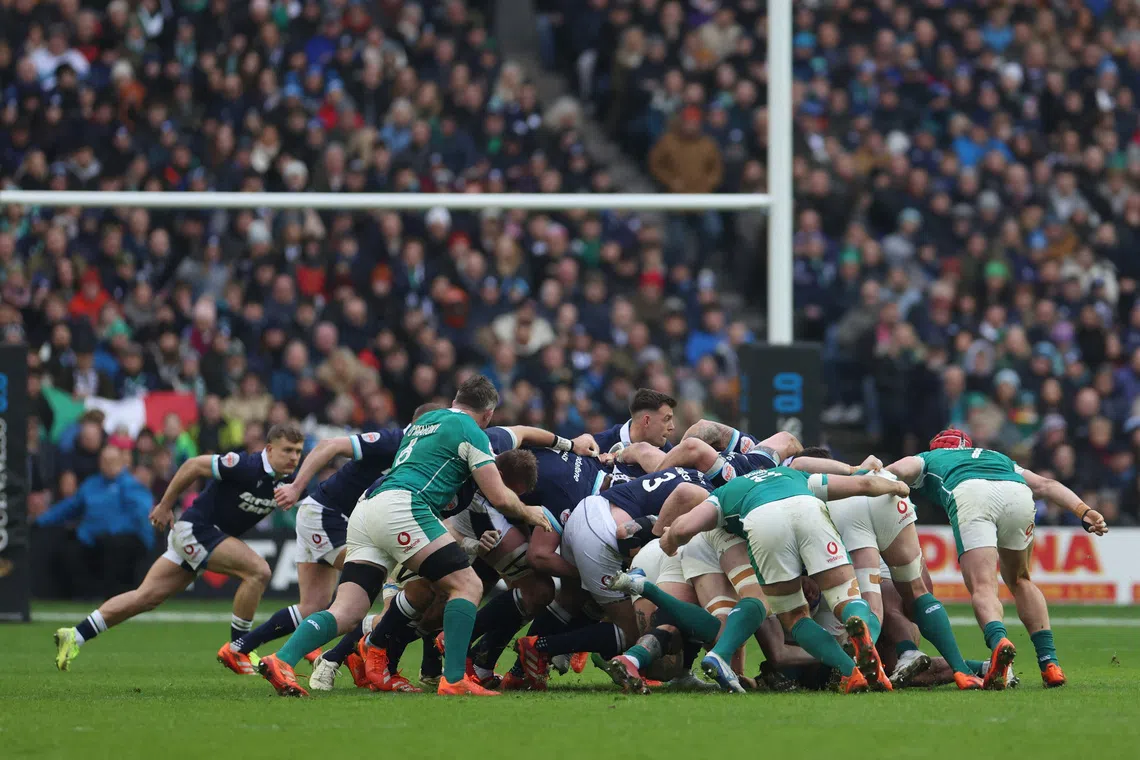 Rugby Union - Six Nations Championship - Scotland v Ireland - Murrayfield Stadium, Edinburgh, Scotland, Britain - February 9, 2025 General view during a scrum REUTERS/Russell Cheyne