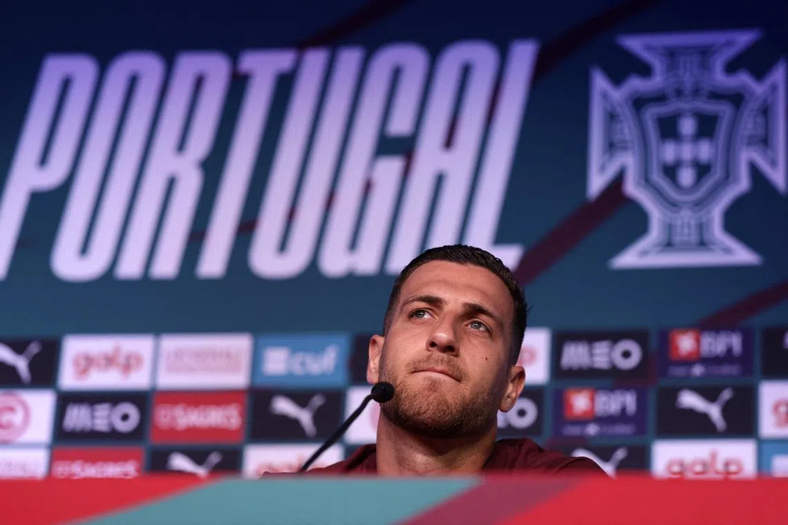 Soccer Football - FIFA World Cup 2026 - Portugal Press Conference - The Gardens North County District Park, Palm Beach Gardens, Florida, U.S. - June 20, 2026 Portugal's Diogo Dalot during press conference REUTERS/Amanda Perobelli